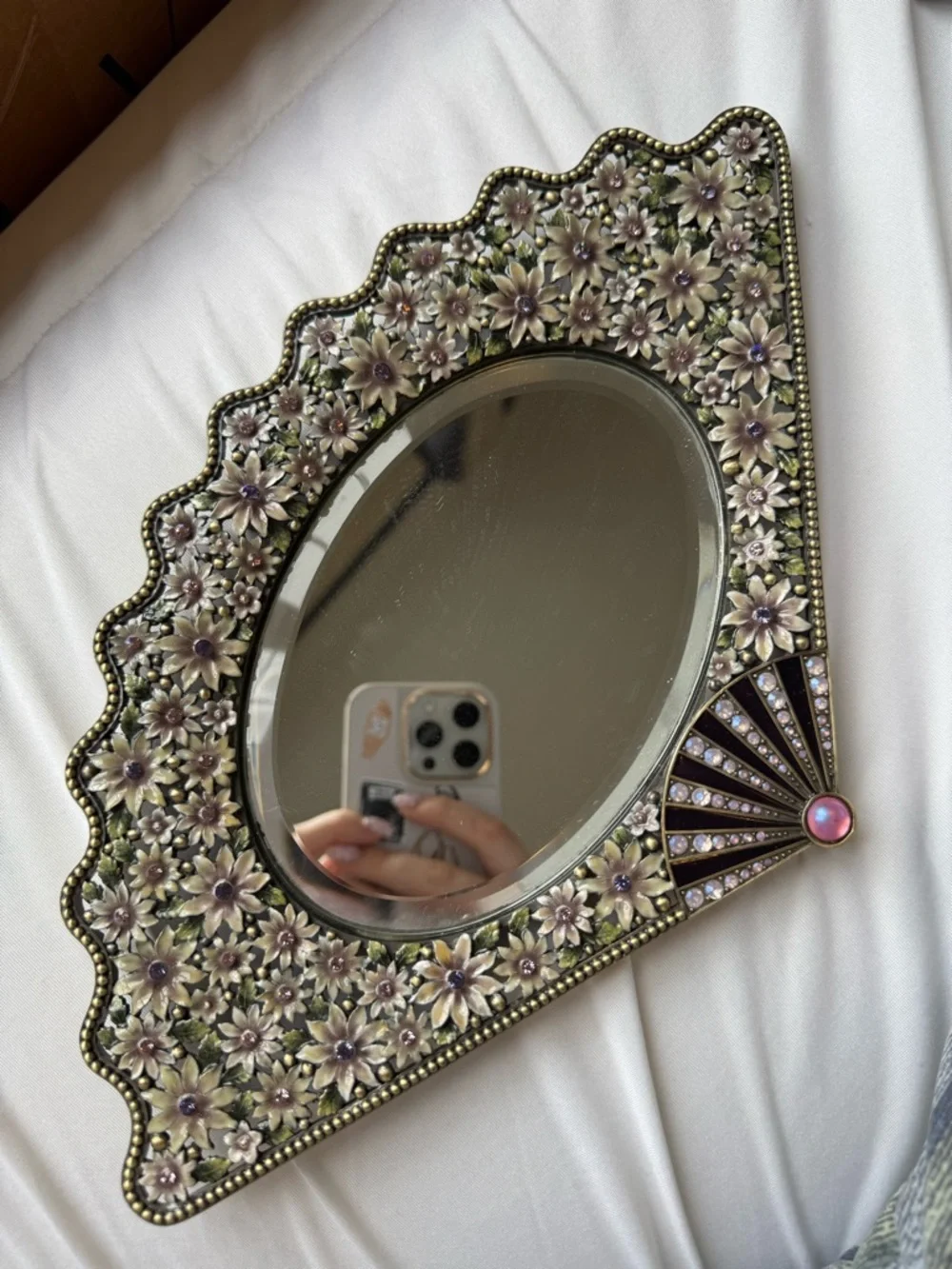 Floral Beaded Decorative Oval Mirror - Pink & Gold Accents